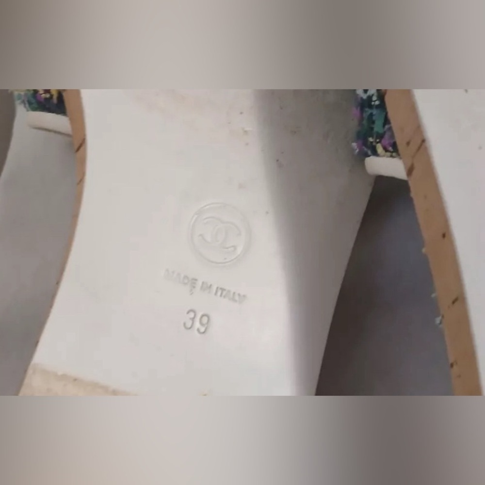 Chanel Tweed Slides Cork Mule Heel 21C White Sandals Slides Size 39 - Picture 10 of 12